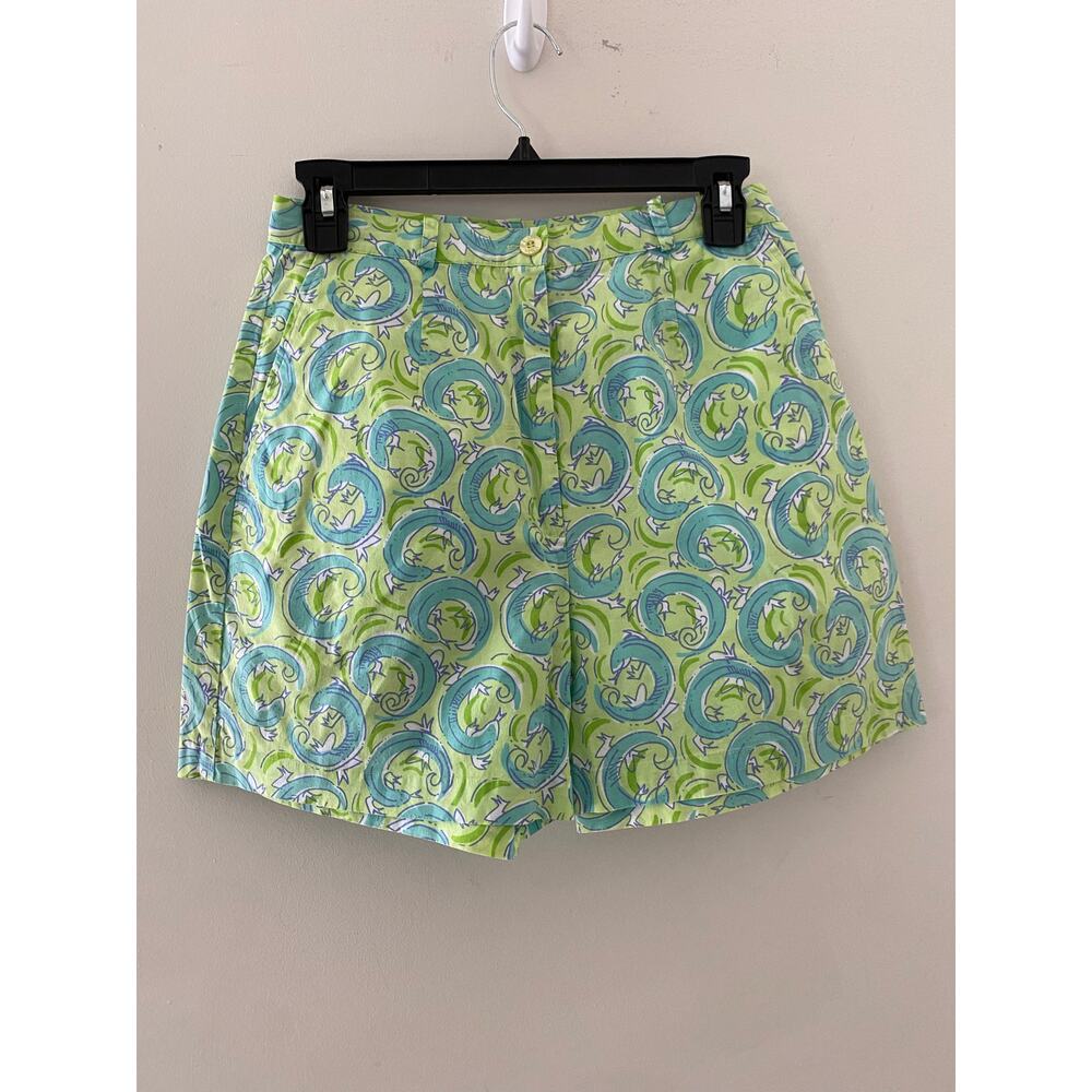 VTG Lilly Pulitzer Shorts Resort Leaping Lizards Green Blue Print High Waisted 4